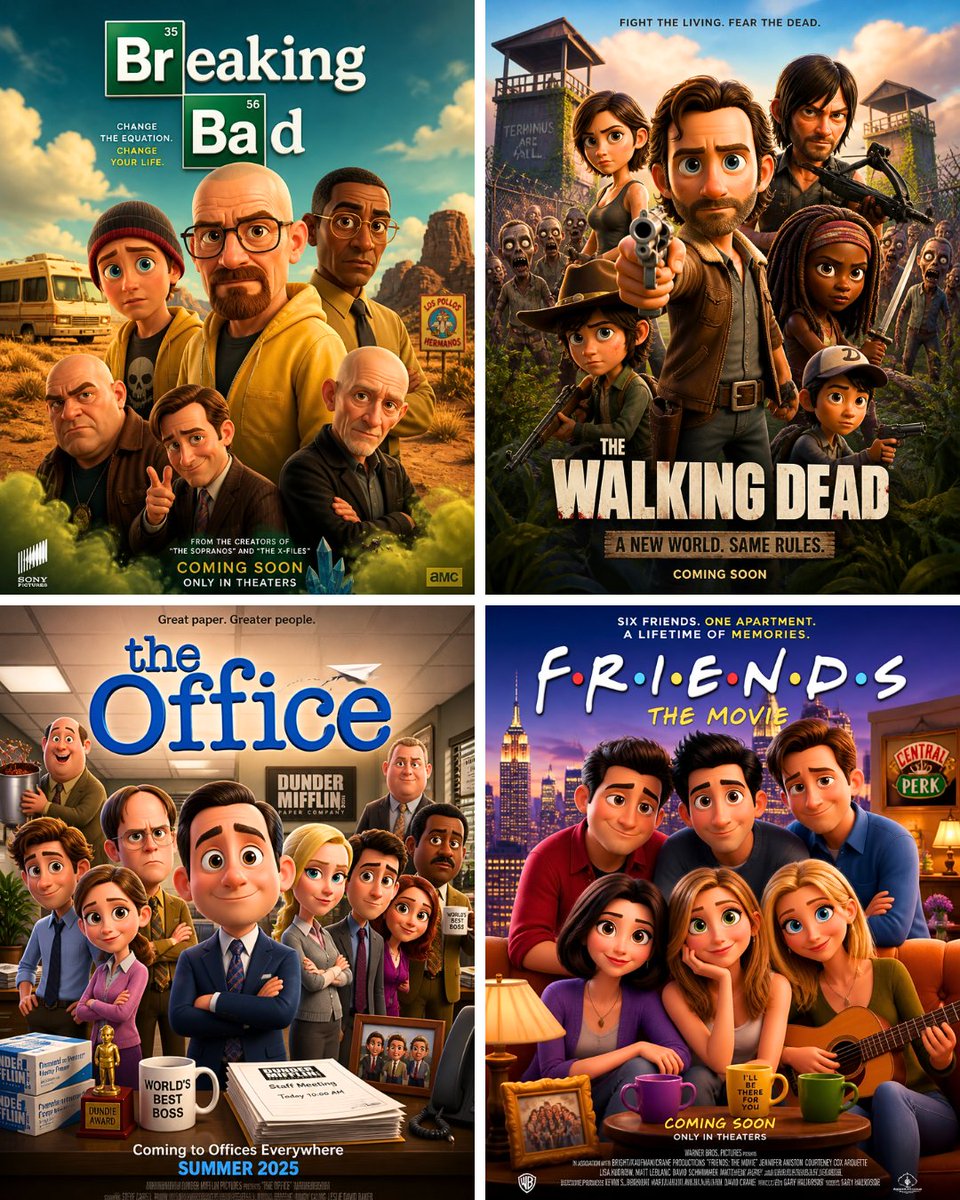 Four animated-style TV show parody posters including Breaking Bad, The Walking Dead, The Office, and Friends.