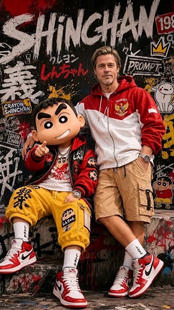 A seated Shin-chan mascot character poses beside a man in a red-and-white hoodie in a graffiti alley.