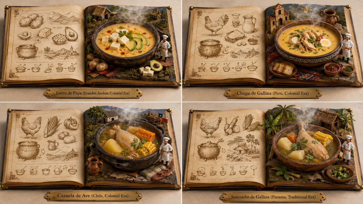 Four open recipe-book spreads showing steaming soup dishes in a 2x2 grid.