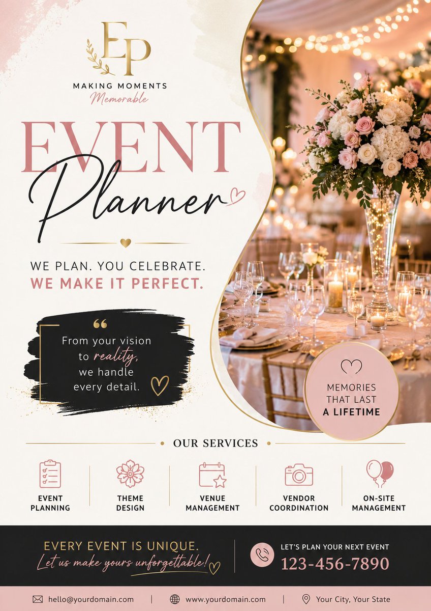 A luxury event planner poster with floral reception imagery, gold accents, and elegant typography.