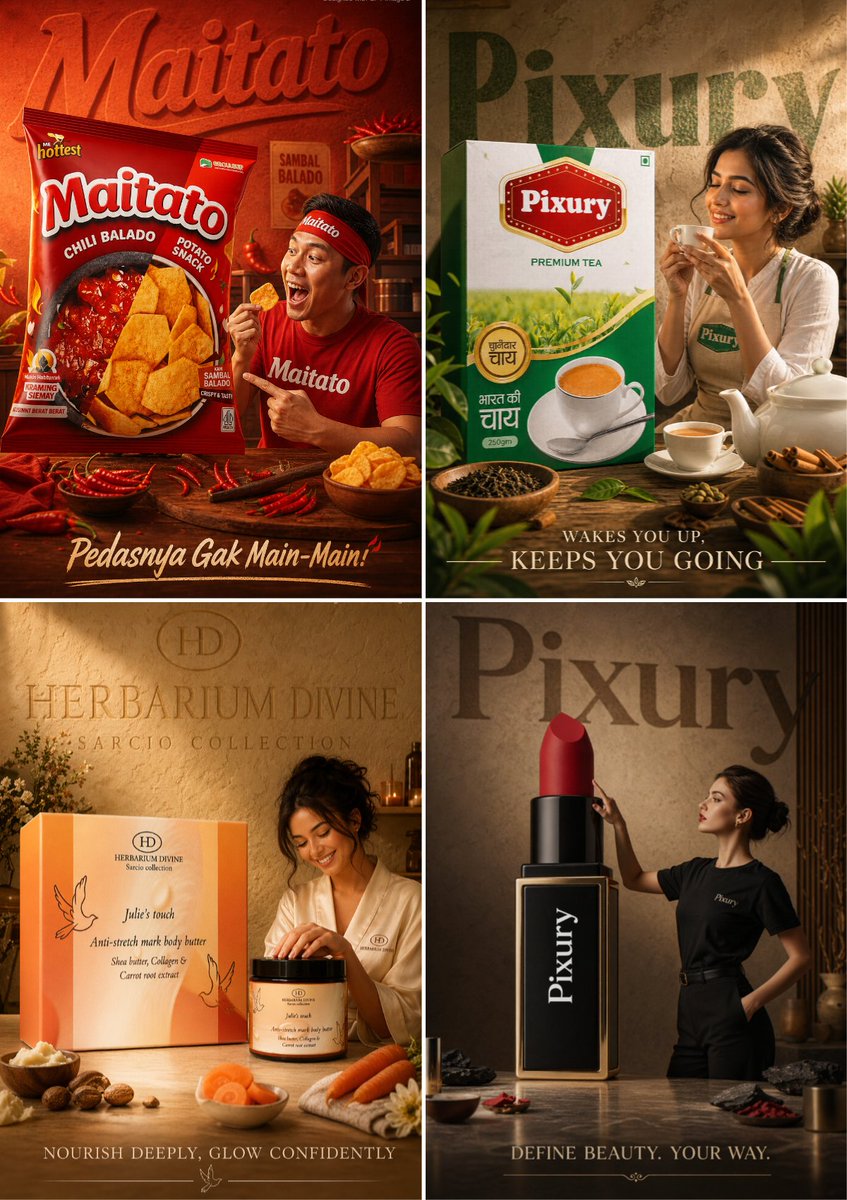 A set of luxury-style product poster ads featuring oversized packages and matching models.
