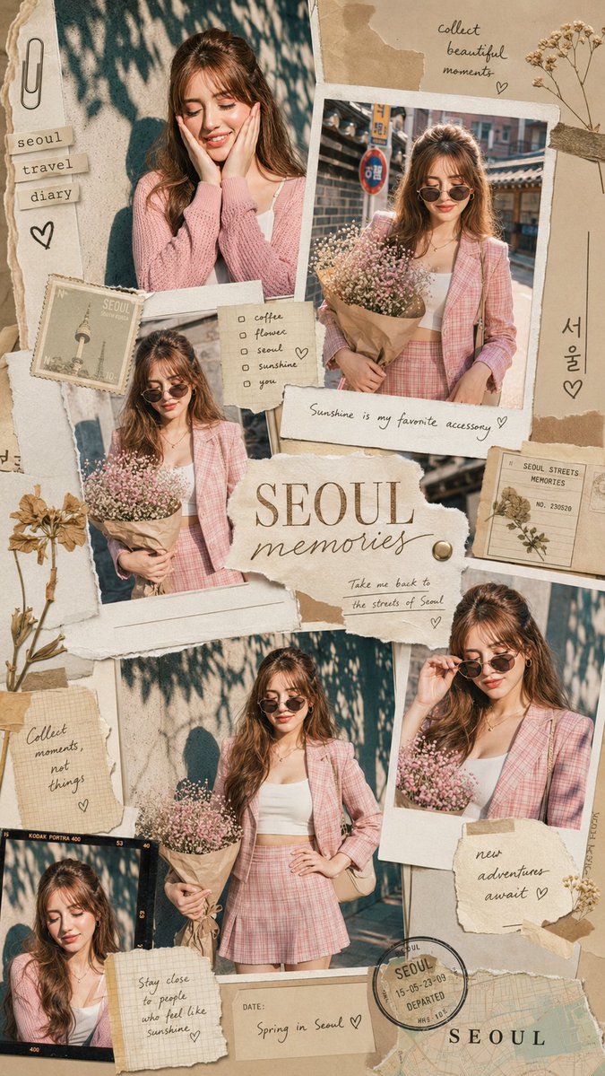 A beige scrapbook collage filled with Polaroid-style photos of a woman holding flowers in Seoul.