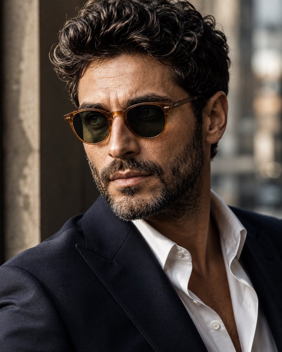 Close-up of a bearded man in amber round sunglasses, navy blazer, and white open-collar shirt.