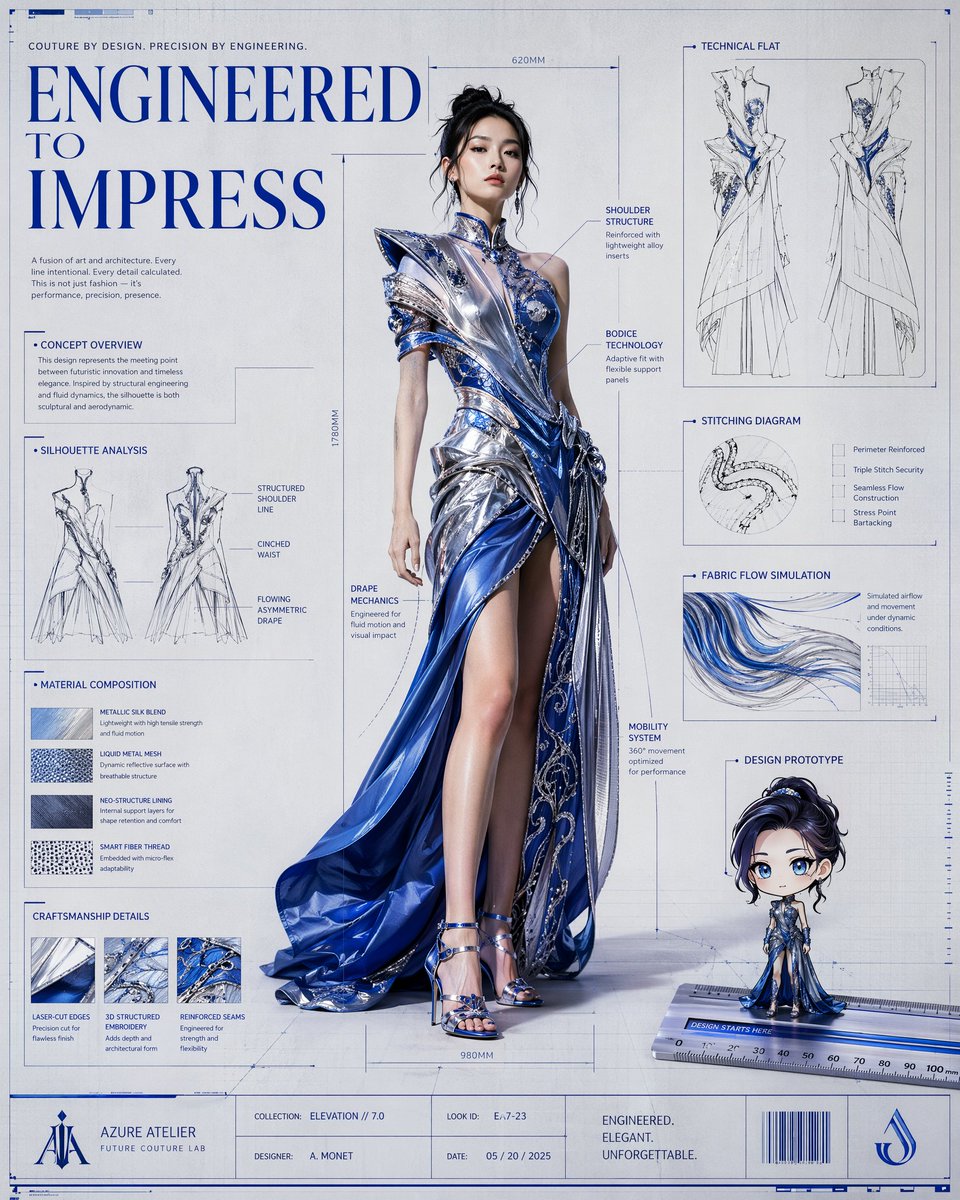 Luxury fashion poster with a model, technical sketches, and blueprint-style annotations.