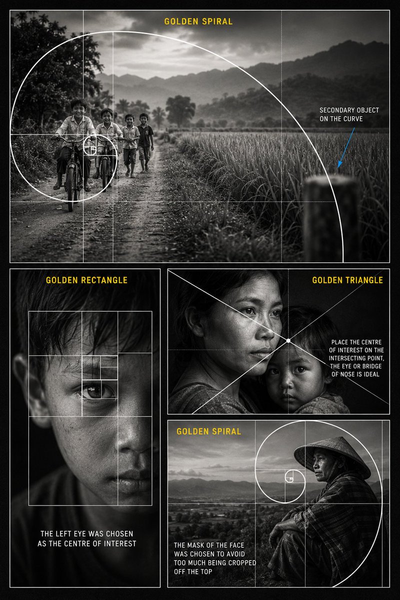 Black-and-white poster showing four composition examples with golden spiral and grid overlays.