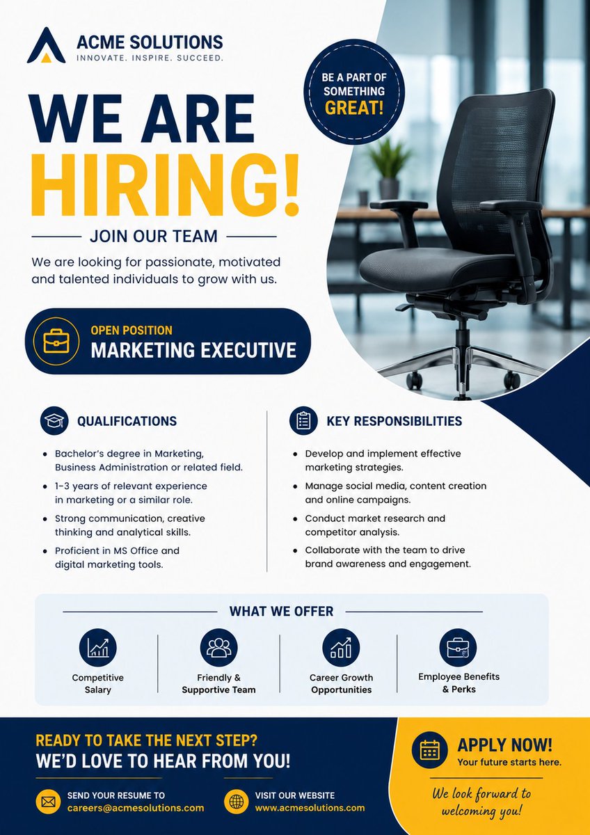 A clean recruitment poster shows a black office chair, bold hiring text, and structured job details.