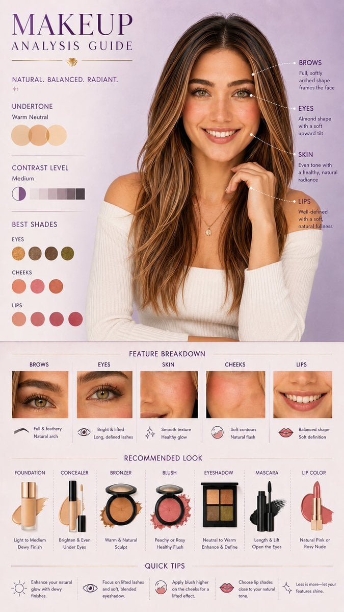 Beauty infographic with a woman’s portrait, feature callouts, shade swatches, and product recommendations.