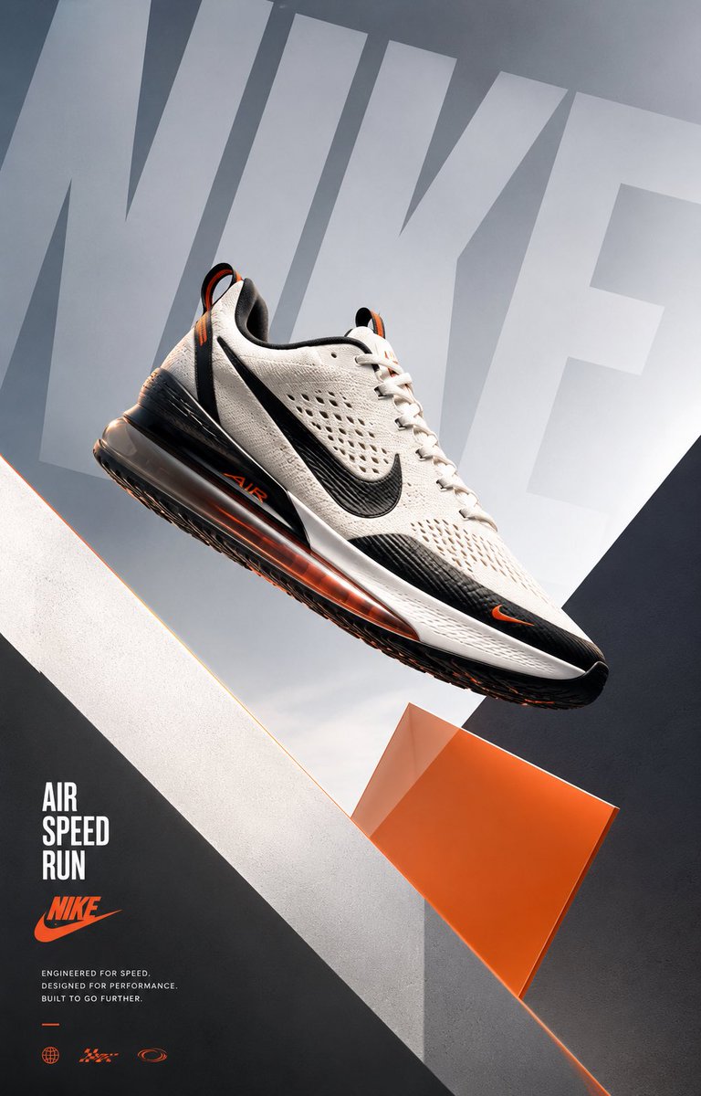 White and black Nike sneaker floating above angular shapes with large faded NIKE text behind it.