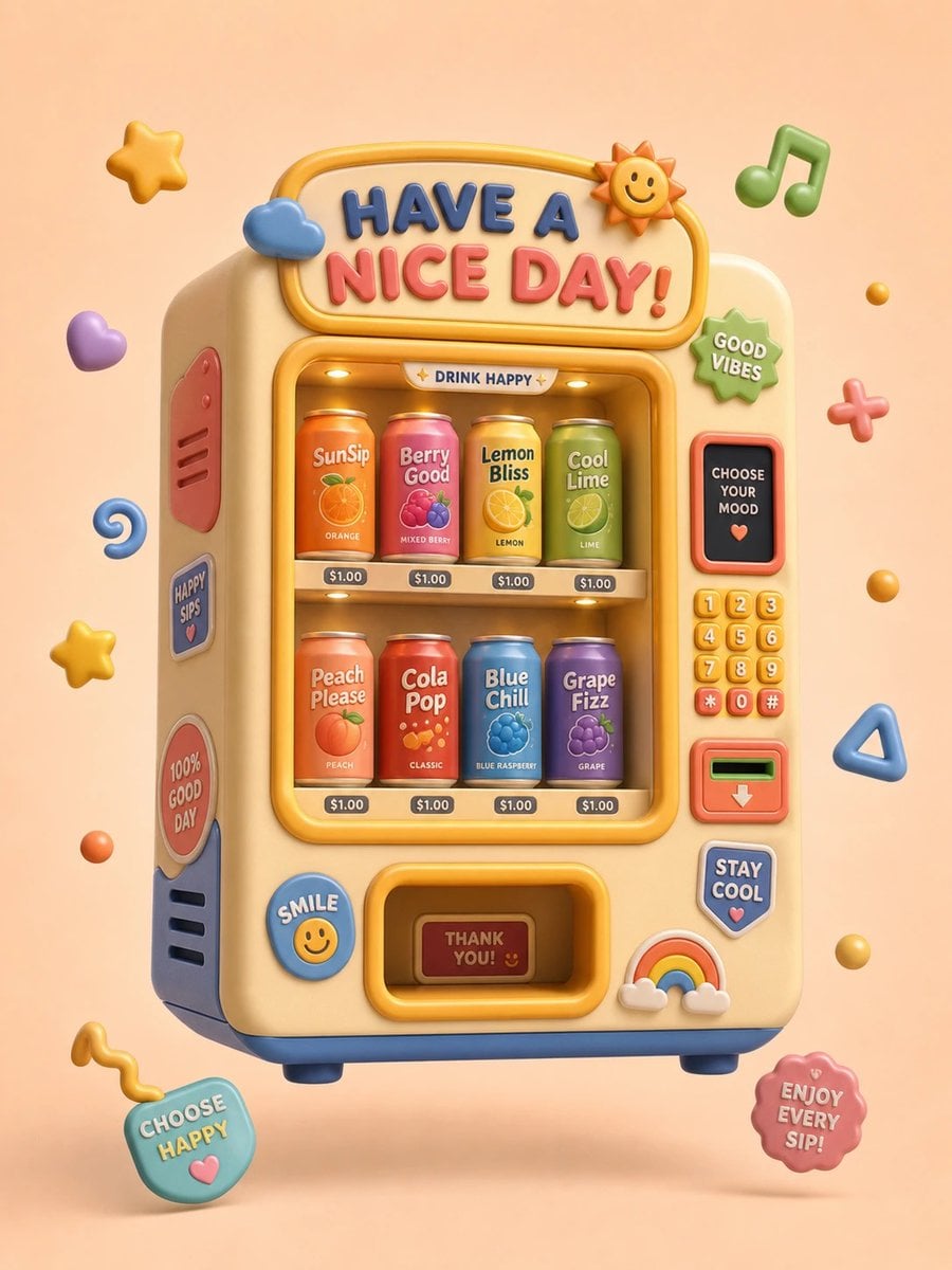 A pastel 3D vending machine filled with colorful drink cans and cheerful stickers.