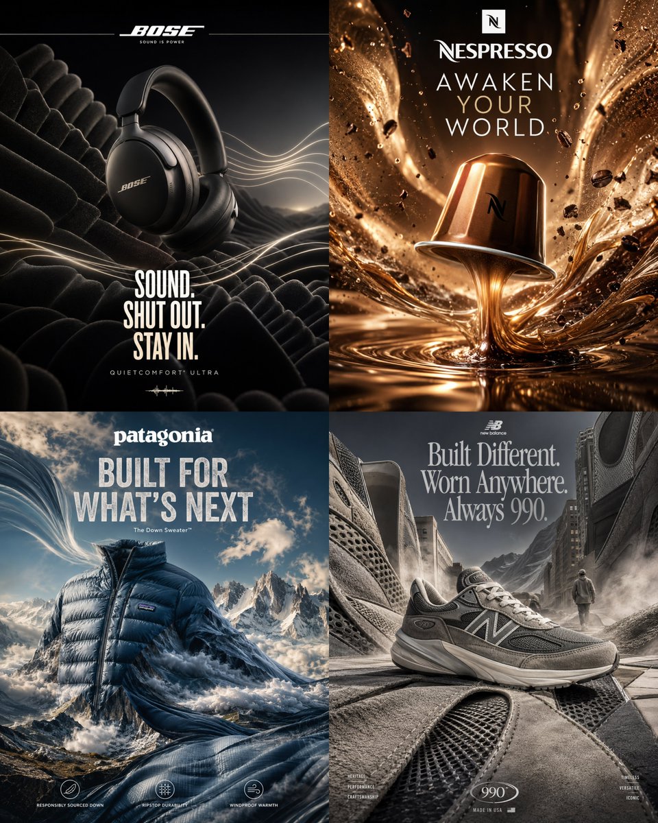 A set of cinematic branded product posters featuring headphones, coffee, a jacket, and a sneaker.