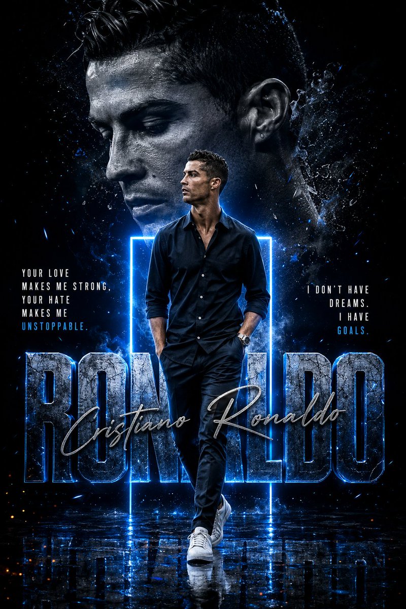 A dark poster with a large monochrome face, standing figure, neon frame, and huge name text.