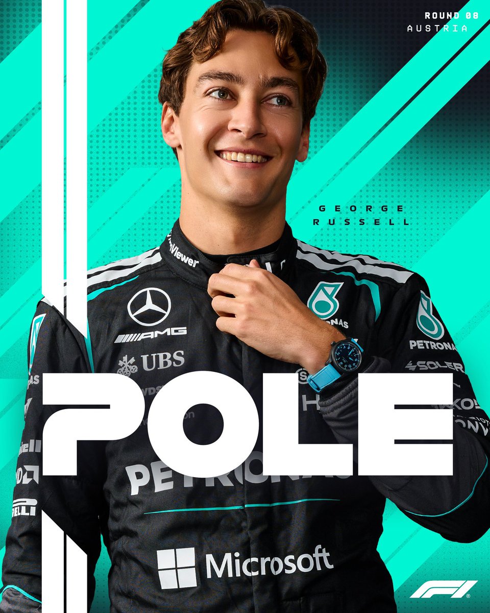 Formula 1 poster of a smiling driver in a black race suit with large white pole text on turquoise graphics.