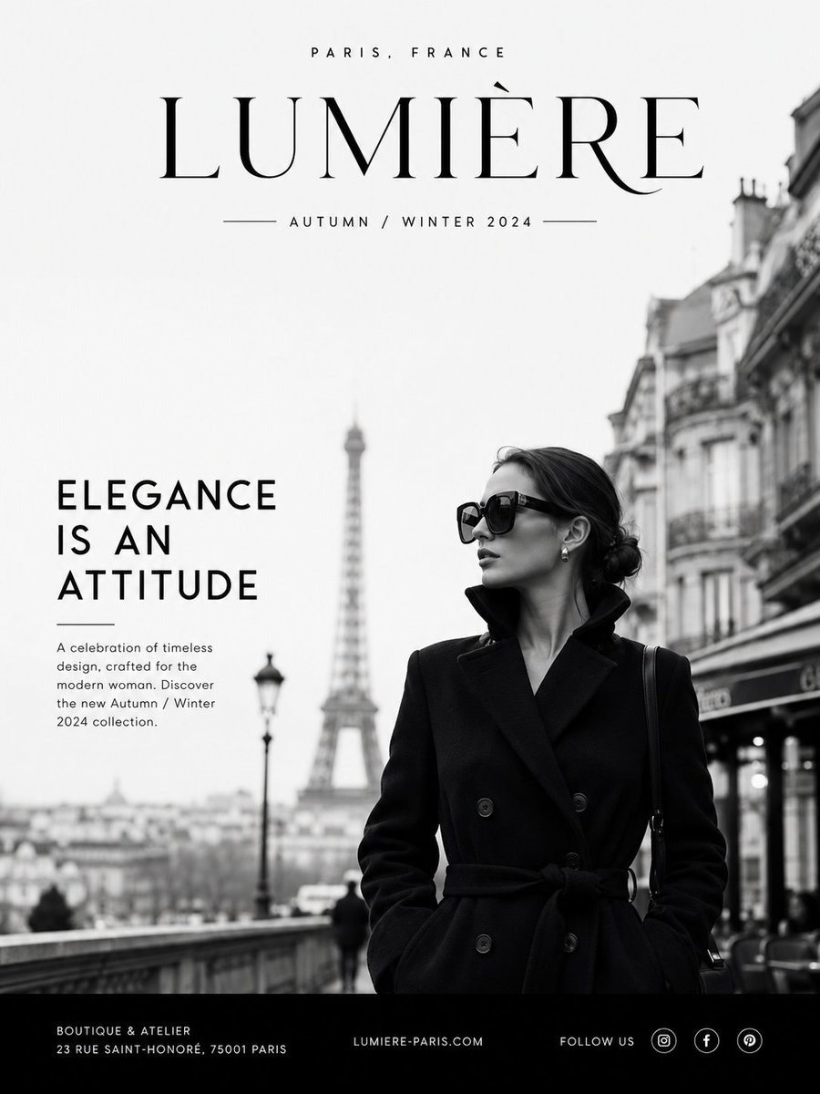 Black-and-white Paris fashion poster with a woman in a coat and Eiffel Tower background.