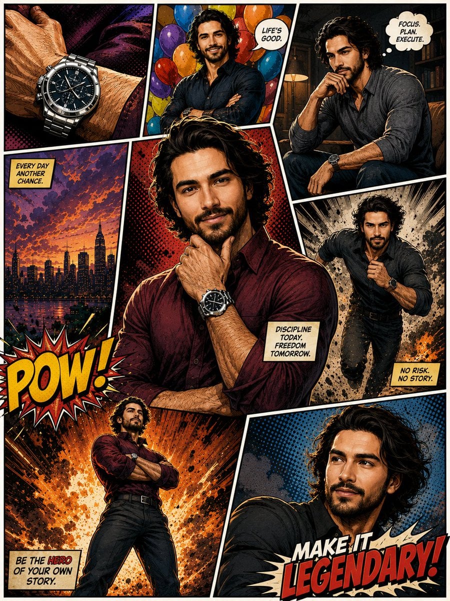 A colorful comic-book poster with multiple panels of a man posing, running, and looking thoughtful.