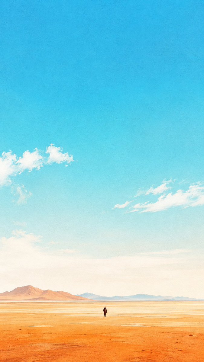 A lone traveler stands in an open orange plain beneath a vast blue sky with small clouds.