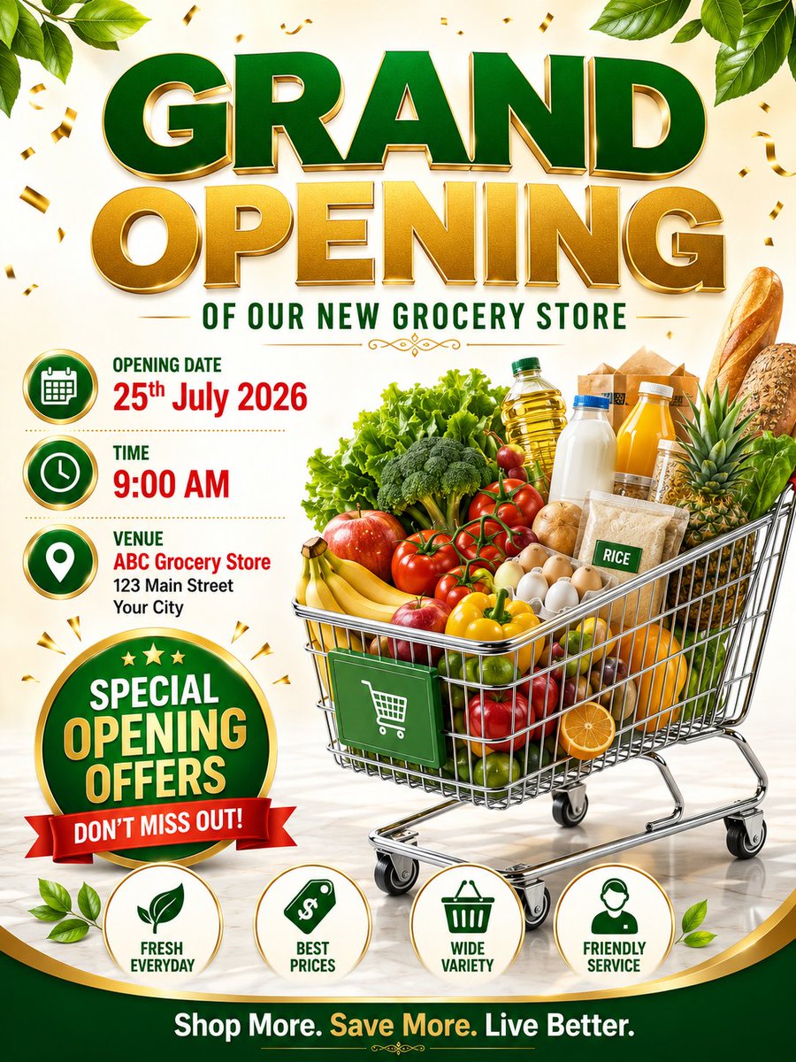 Grand opening grocery store poster with gold headline and a shopping cart full of fresh groceries.