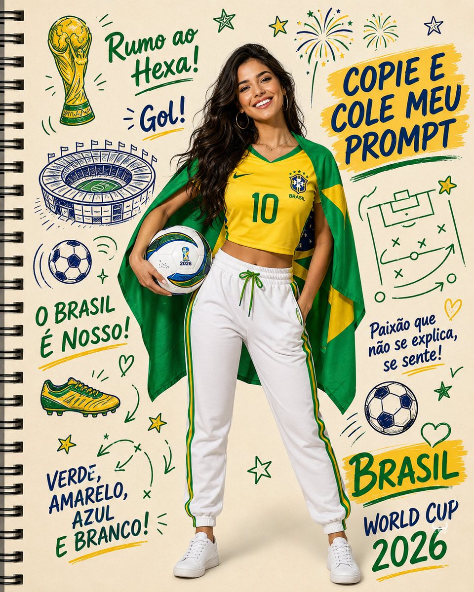 Notebook-style Brazil football poster with a smiling woman, doodles, and Portuguese text.