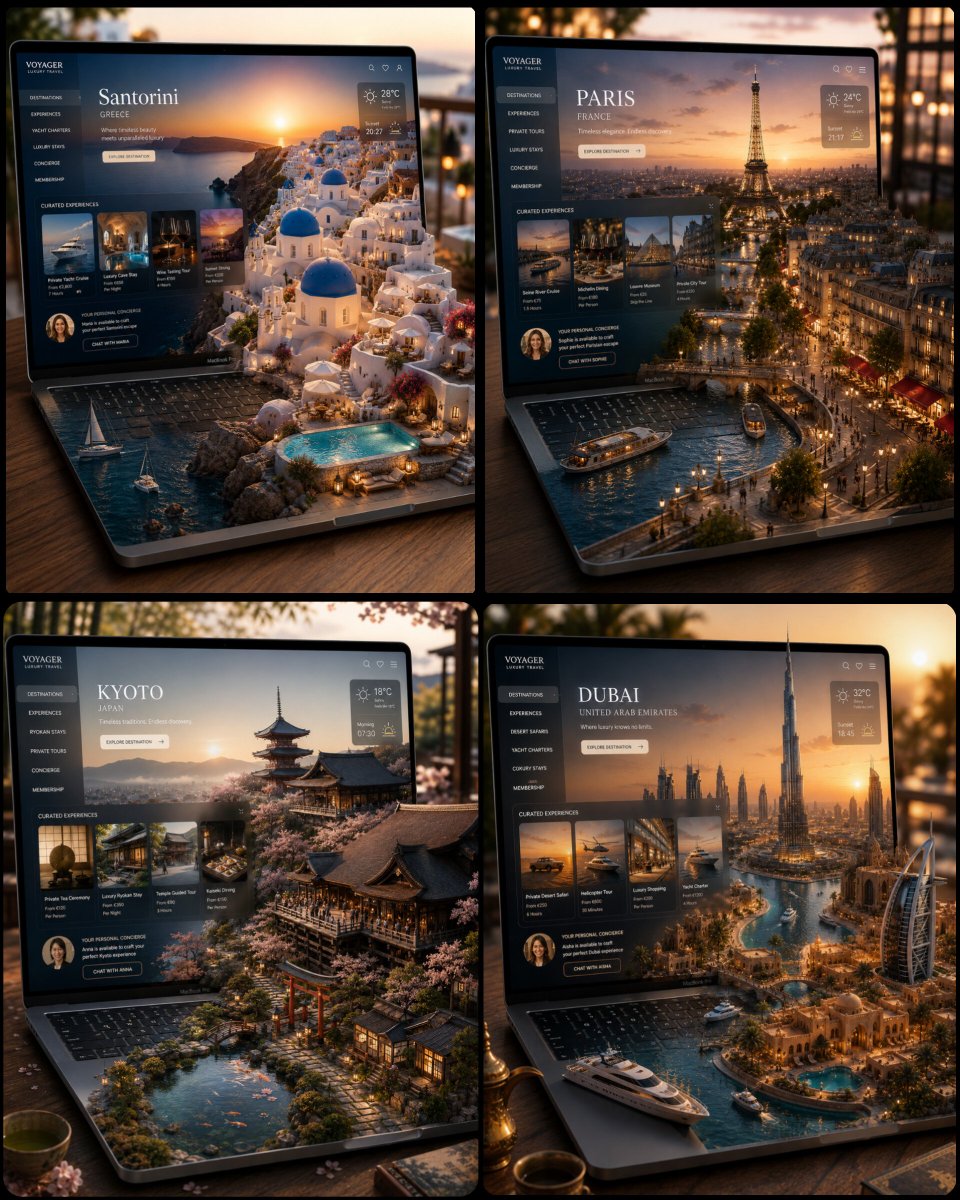 A laptop displays a luxury travel interface with miniature destination scenes rising from the screen in four city examples.