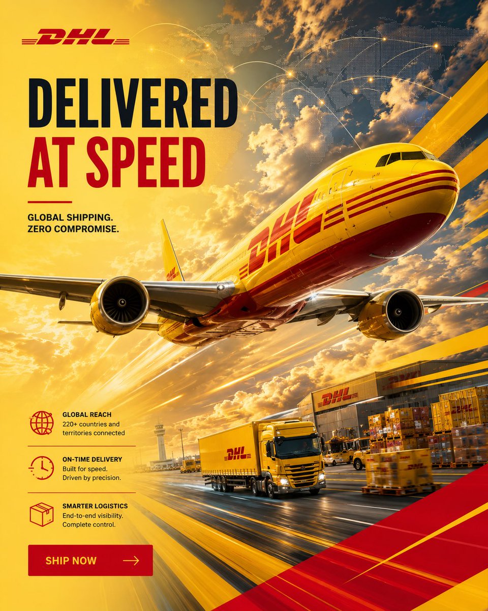 Yellow DHL cargo plane above a delivery truck and warehouse in a dramatic logistics ad poster.