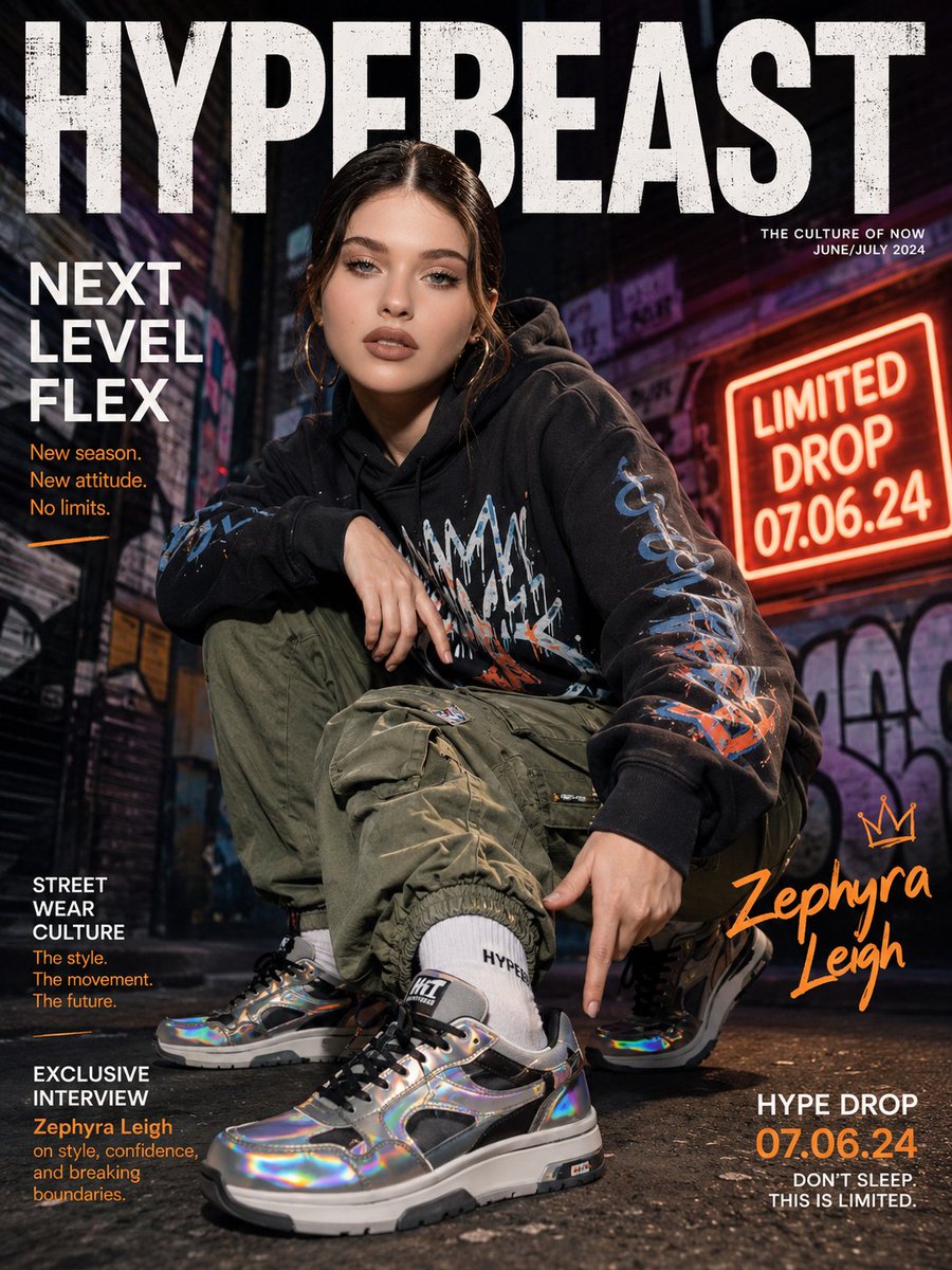 Magazine cover with a crouching woman in a hoodie pointing at holographic sneakers in a neon alley.