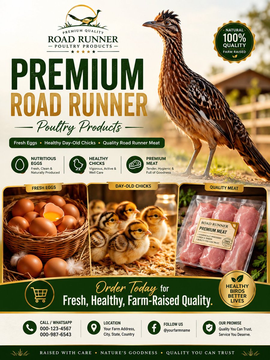 A commercial poultry poster shows a bird, eggs, chicks, packaged meat, and bold promotional text.