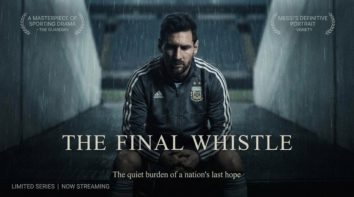 Footballer in an Argentina jacket sits in a rainy tunnel beneath a dramatic series title.