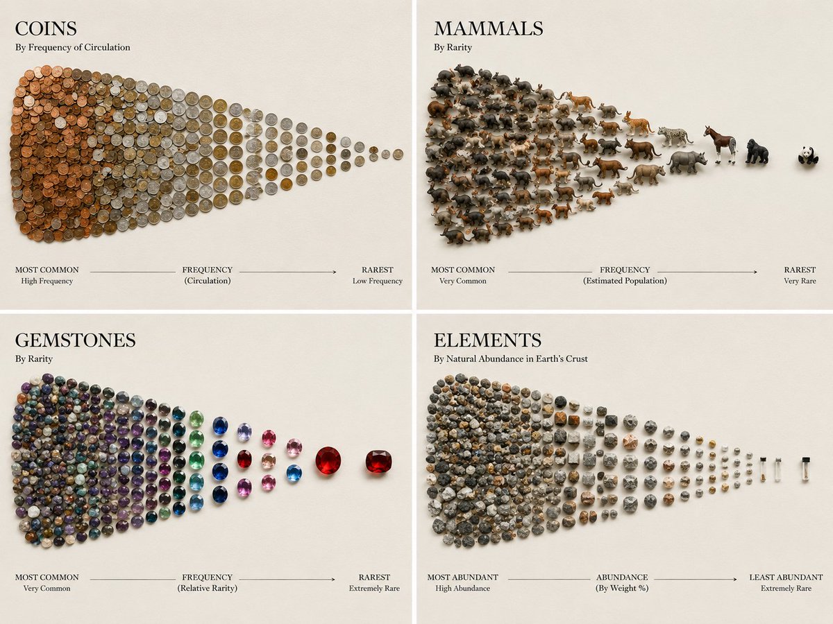 Four-panel infographic showing objects arranged by frequency and rarity in density gradients.