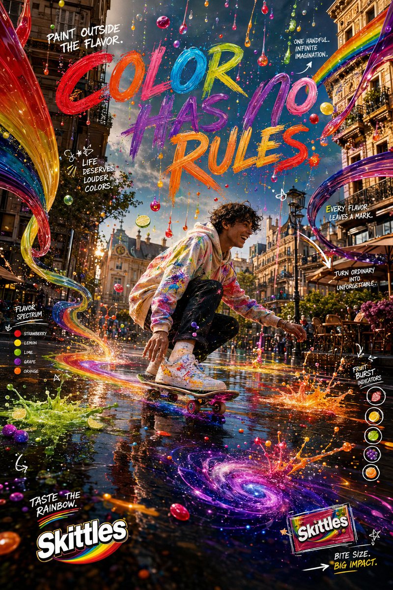 Skateboarder riding through a rain-soaked street filled with rainbow paint splashes and candy graphics.
