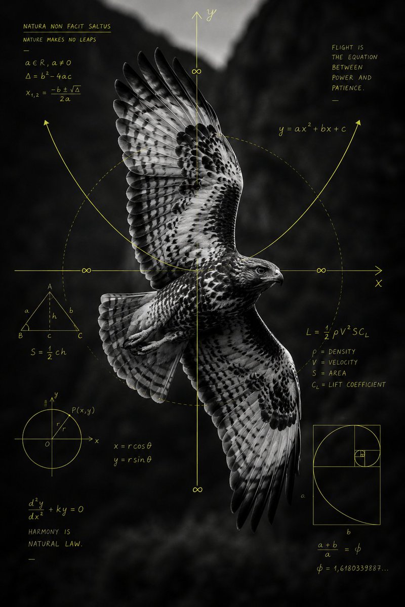 A black and white hawk in flight overlaid with neon yellow mathematical diagrams and equations.