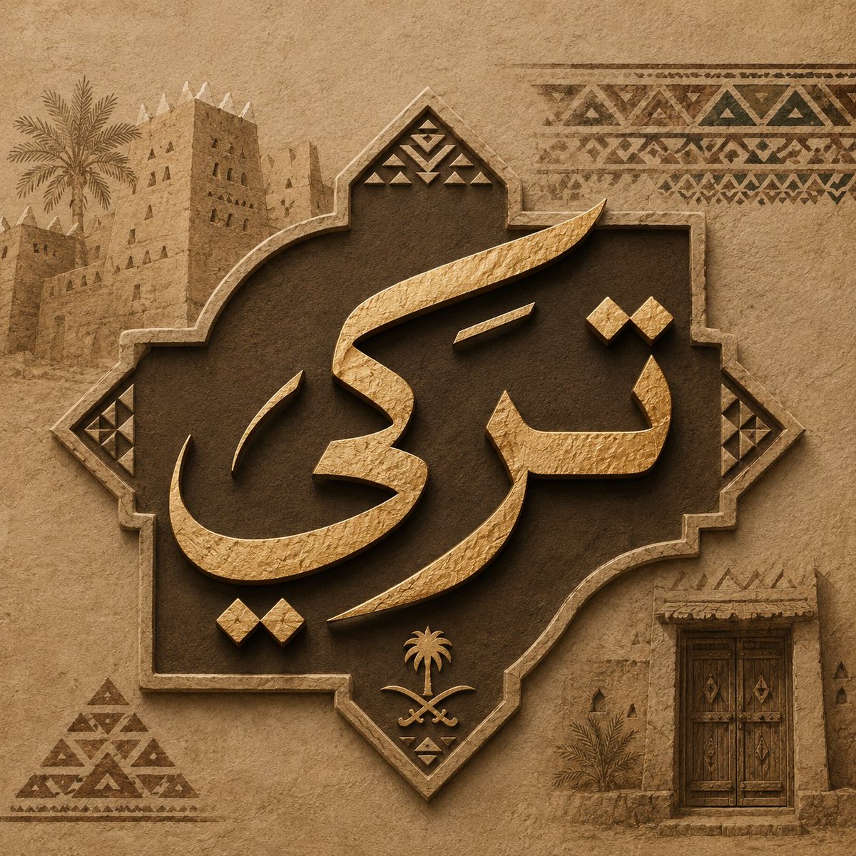 Gold Arabic calligraphy sits in a decorative Saudi heritage frame with desert-inspired motifs.