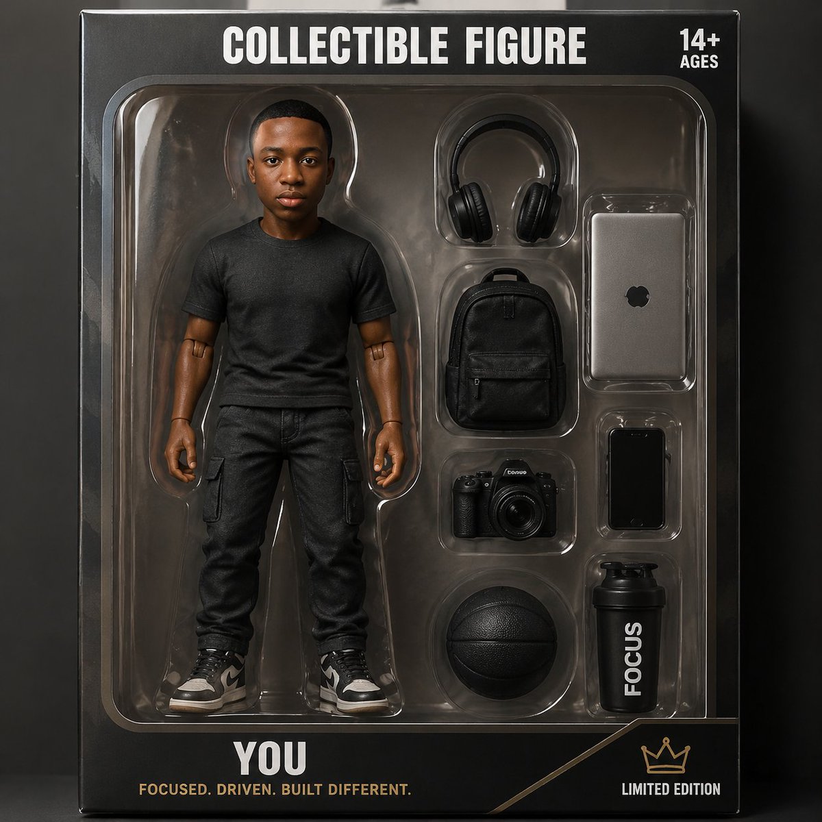 A boxed collectible action figure in black packaging with headphones, a backpack, a camera, a phone, a ball, and a shaker bottle.
