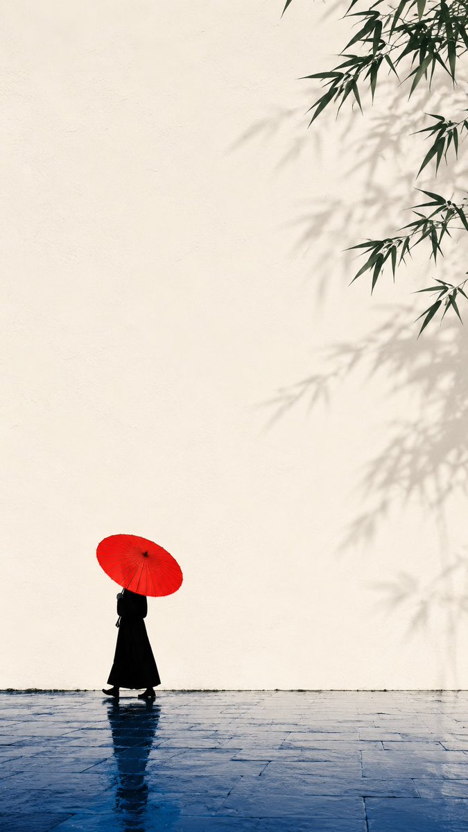 A small silhouetted person walking with a bright red umbrella beside a large pale wall and blue wet ground.