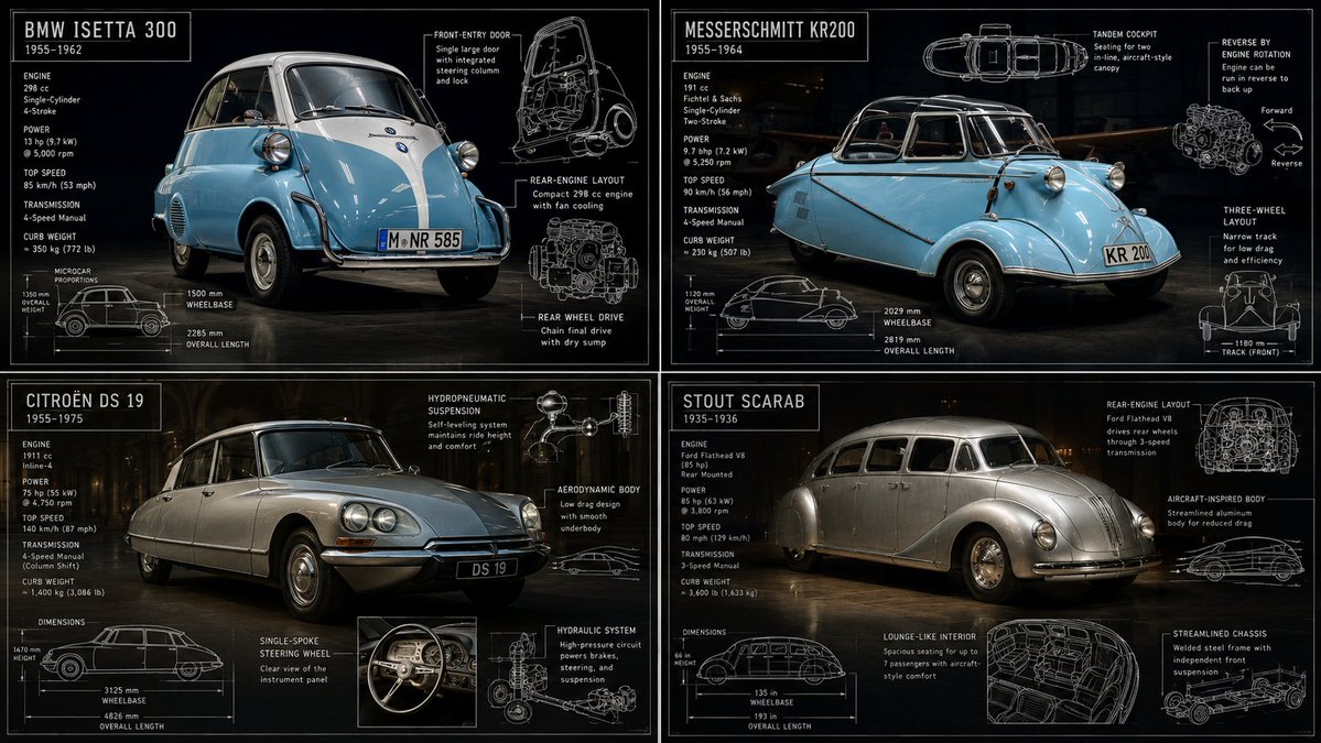 A four-panel classic car poster showing vintage cars with white blueprint notes and diagrams.