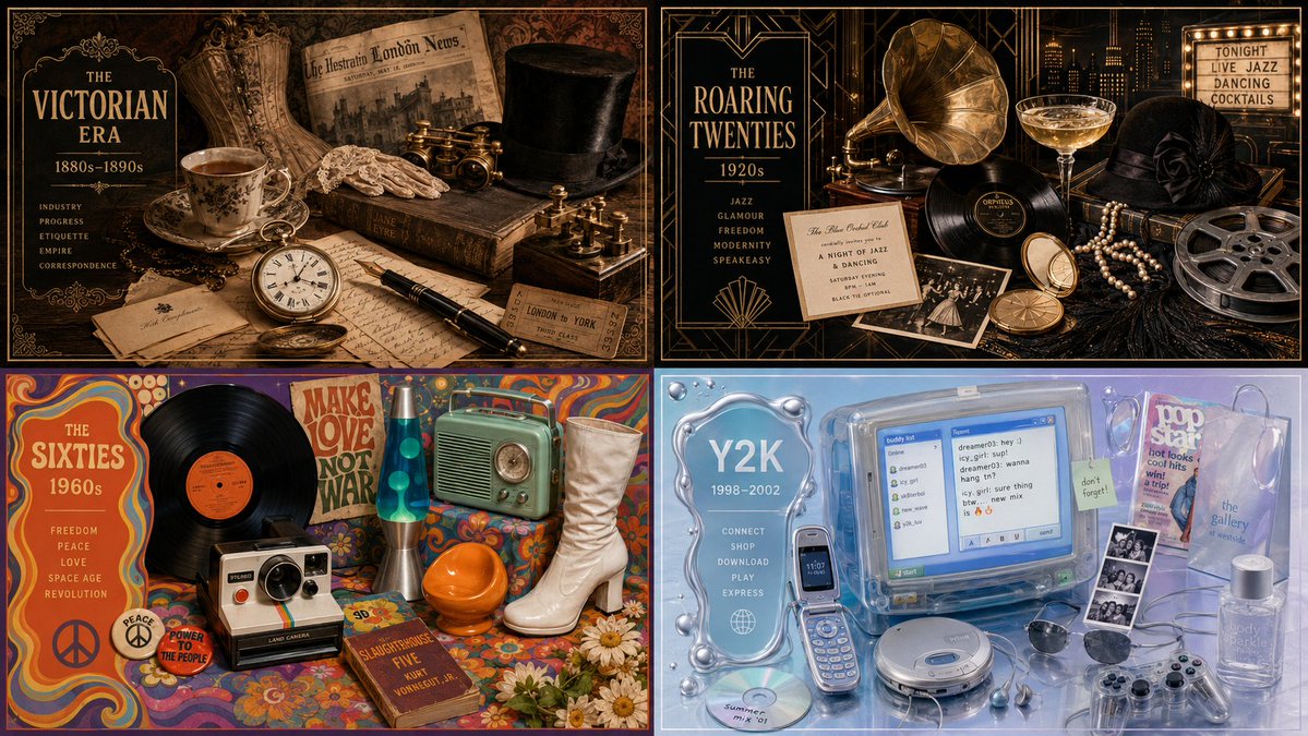 Four nostalgic era collage panels showing objects from Victorian, 1920s, 1960s, and Y2K periods.