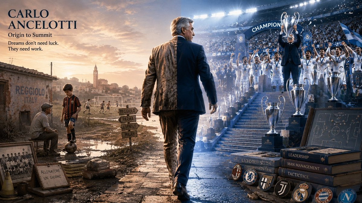 Cinematic split-scene poster of Carlo Ancelotti walking from a rustic football past into a trophy-filled stadium celebration.