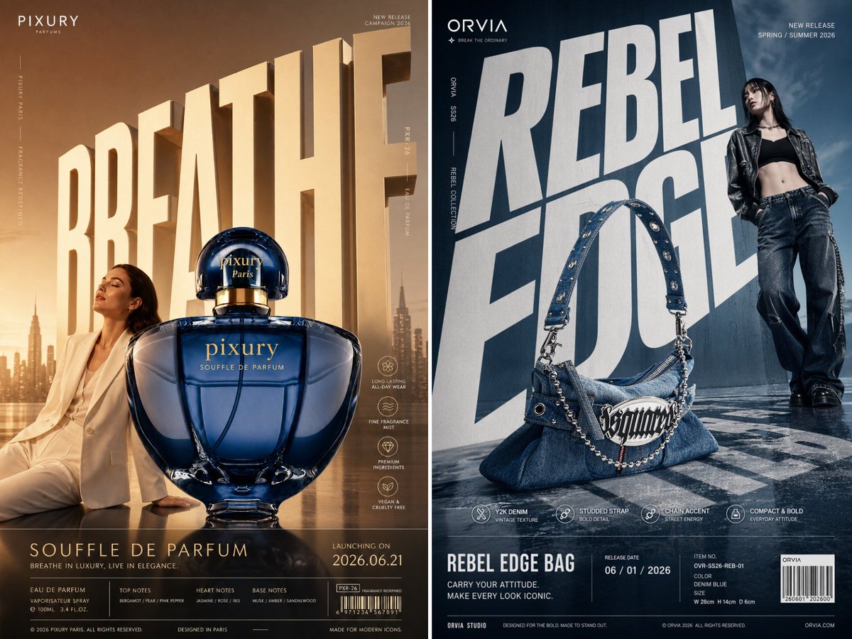 Two commercial poster mockups with oversized typography, a perfume bottle, and a denim bag.