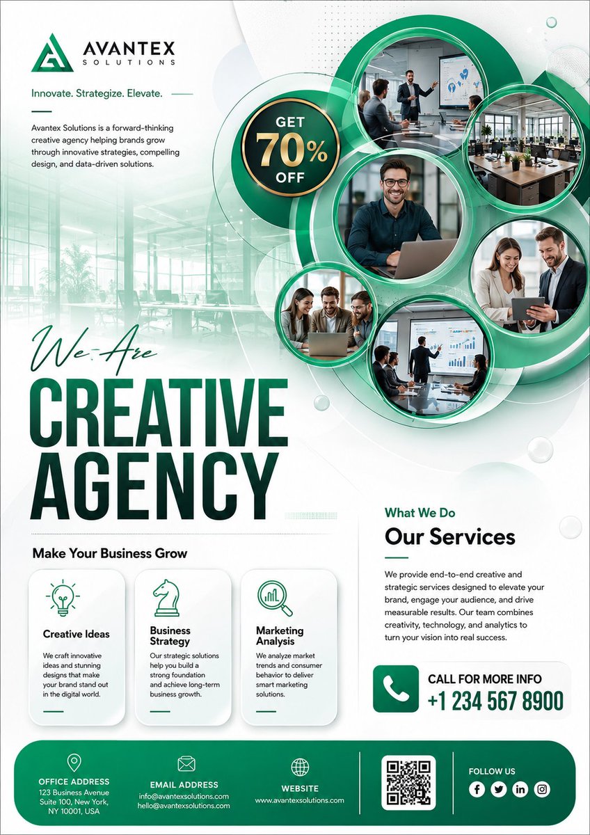 Luxury green corporate flyer with circular business photo collage, service cards, and contact footer.