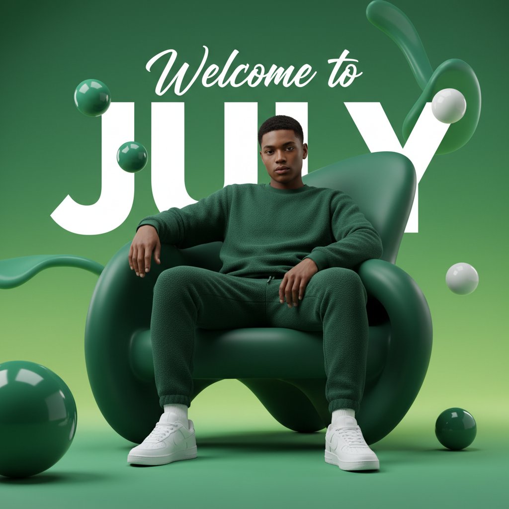 Poster of a seated man in green clothes on a sculptural chair with large white July text.
