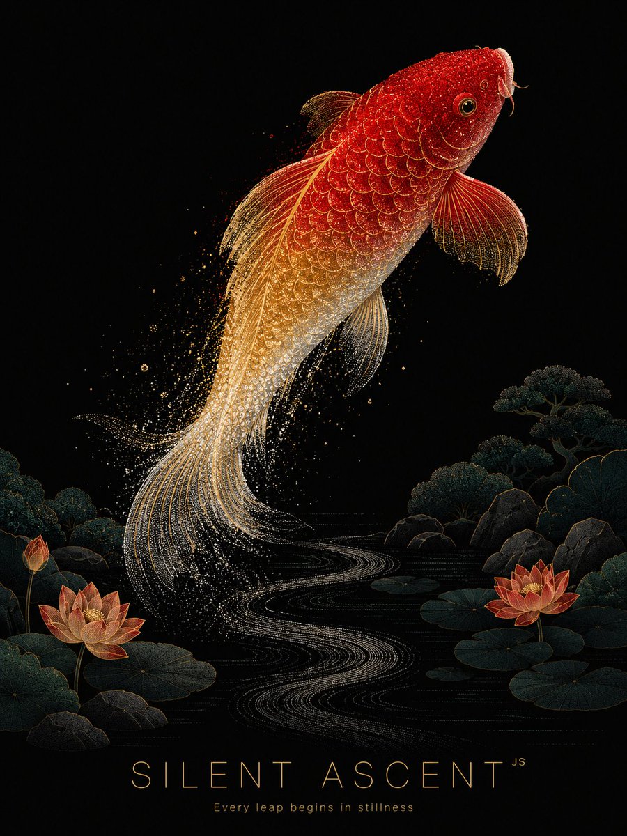 A red and gold koi fish leaping above a dark pond with lotus flowers and gold text below.