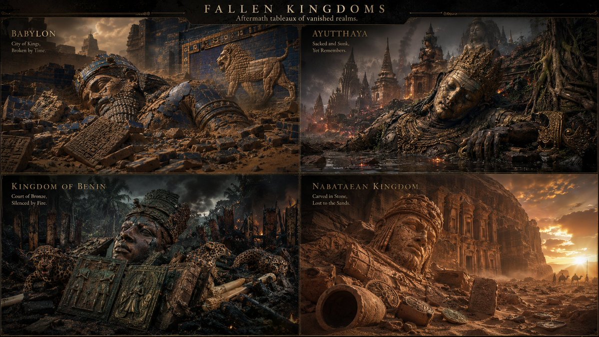 A four-panel poster of ruined kingdoms with giant broken statues and dark cinematic lighting.