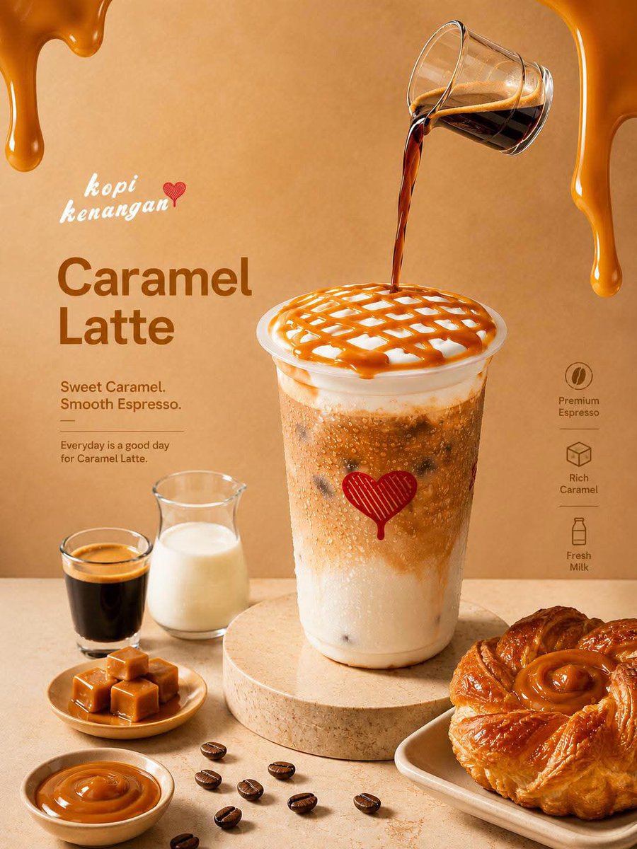 Iced caramel latte poster with a pouring espresso shot, caramel drizzle, and pastry props.