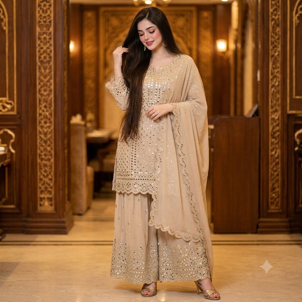 Woman in a beige embroidered sharara posing in a warm luxury restaurant interior.