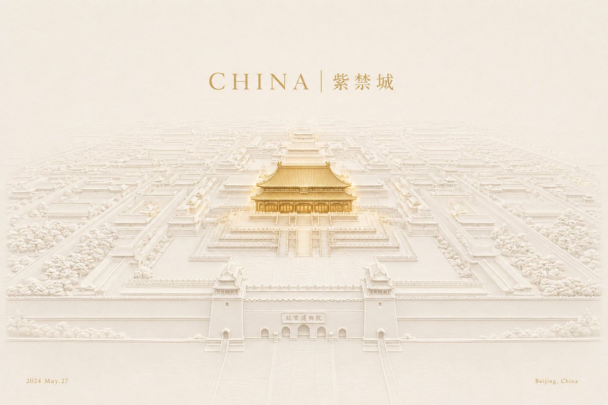 Ivory embossed poster of the Forbidden City with a gold central palace and gold title text.