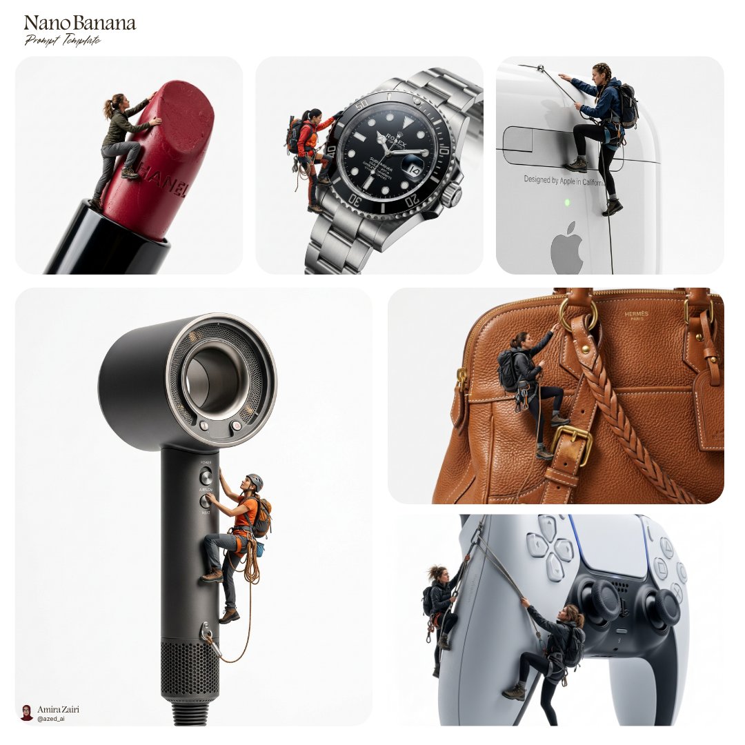 A collage of climbers posed on oversized luxury products, including a lipstick, watch, speaker, bag, and game controller.