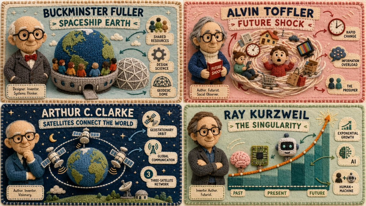 A 2x2 knitted infographic poster showing four futurists with chart labels and toy-like scenes.