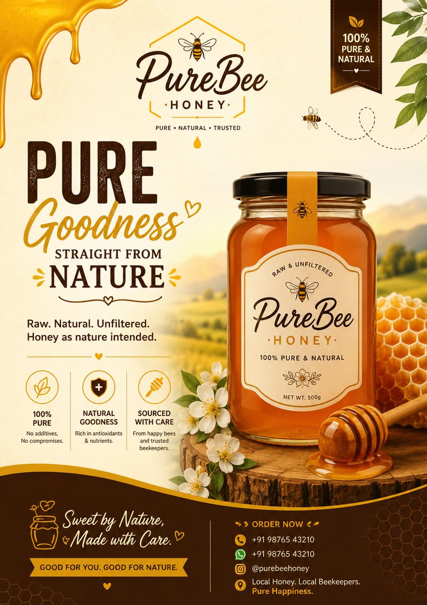 A honey jar poster with dripping honey, bees, flowers, and bold promotional text.