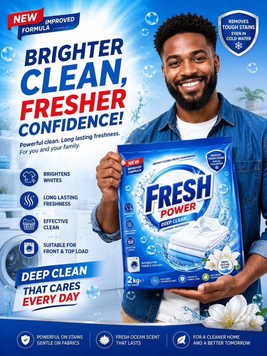 A bright detergent ad poster shows a smiling man holding a blue detergent package with bold marketing text.