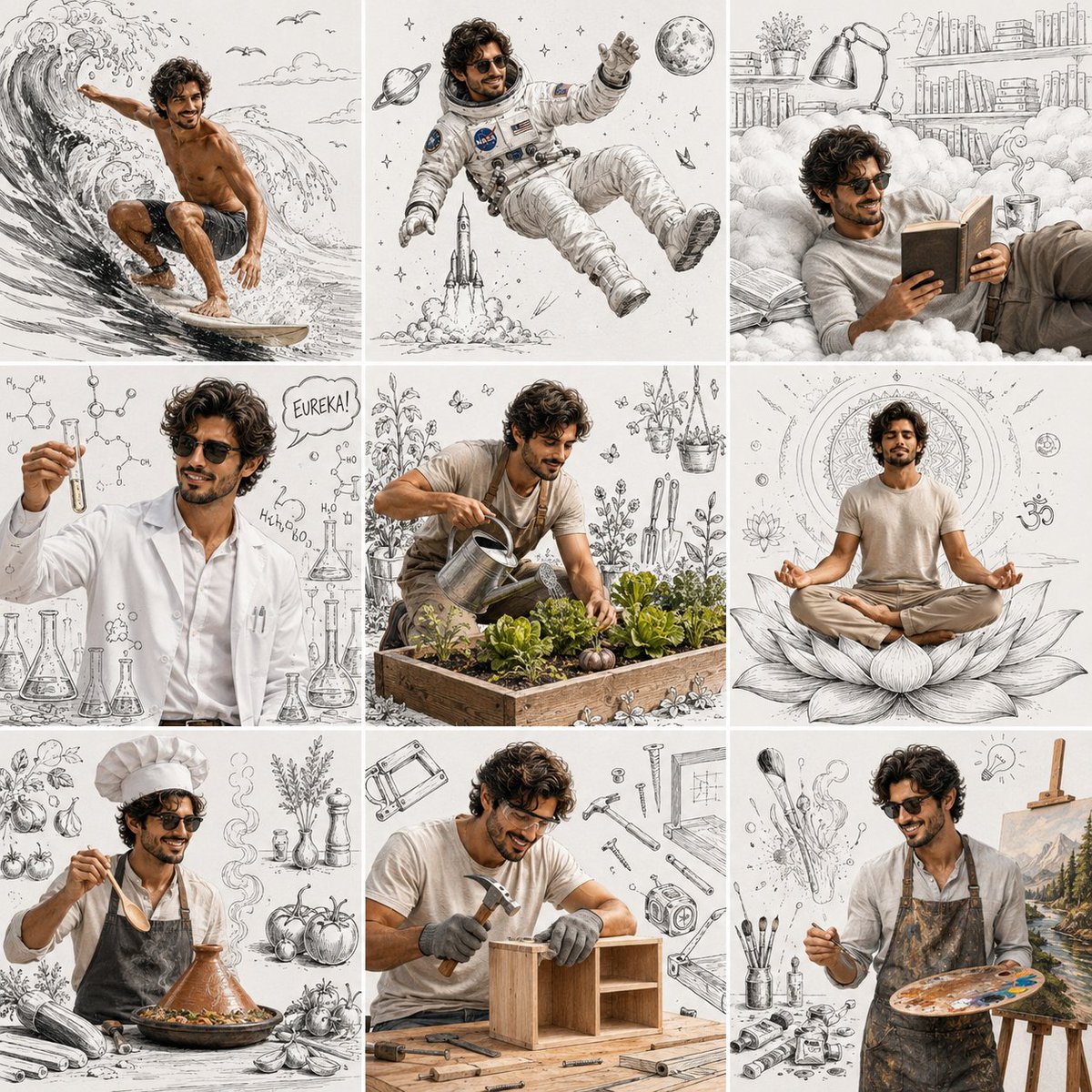 A nine-panel collage shows the same man as a surfer, astronaut, reader, scientist, gardener, meditator, chef, carpenter, and artist.