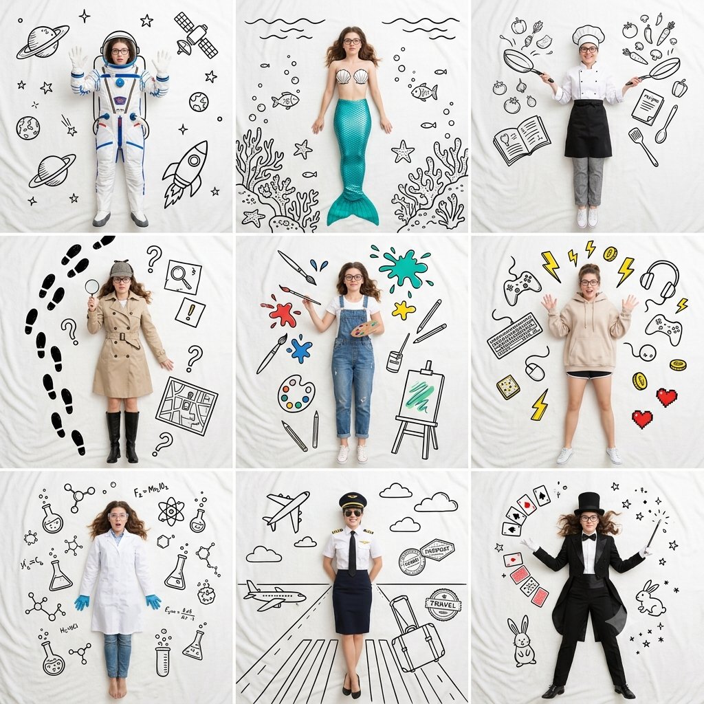 Nine-panel collage of the same woman in themed costumes with black doodle illustrations on white bedding.