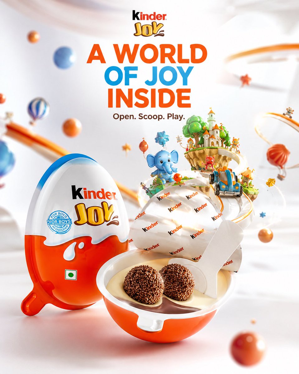 Kinder Joy product ad with opened dessert egg, spoon, wafer balls, and a miniature fantasy scene above.